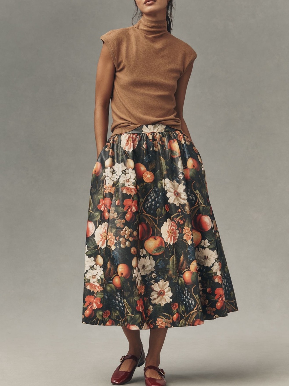 NWT! Maeve Faux Leather Midi Skirt with Floral & Fruit Print